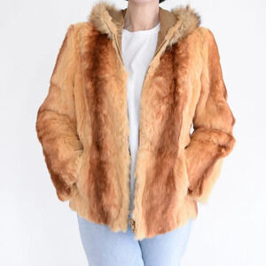 Vintage 70s Ginger Red Rabbit Fur Hip-Length Zip Up Lined Bomber Fur Coat Hood M